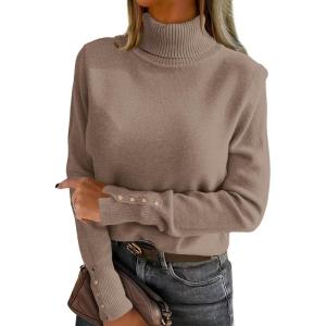 imageANRABESS Turtleneck Sweaters for Women 2025 Fall Long Sleeve Dressy Casual Soft Knitted Button Basic Pullover Tops OutfitsBright Tan