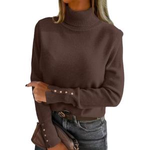 imageANRABESS Turtleneck Sweaters for Women 2025 Fall Long Sleeve Dressy Casual Soft Knitted Button Basic Pullover Tops OutfitsChocola
