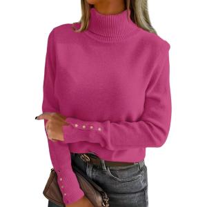 imageANRABESS Turtleneck Sweaters for Women 2025 Fall Long Sleeve Dressy Casual Soft Knitted Button Basic Pullover Tops OutfitsHot Pink