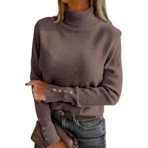 imageANRABESS Turtleneck Sweaters for Women 2025 Fall Long Sleeve Dressy Casual Soft Knitted Button Basic Pullover Tops OutfitsNutmeg