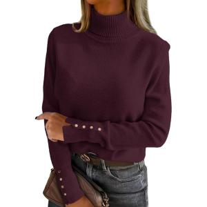 imageANRABESS Turtleneck Sweaters for Women 2025 Fall Long Sleeve Dressy Casual Soft Knitted Button Basic Pullover Tops OutfitsWine Red