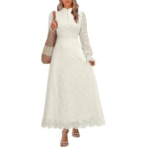 imageANRABESS Wedding Guest Dresses for Women 2025 Fall Formal Long Sleeve Eyelet High Neck Elegant Classic Maxi Dress PocketsBeige