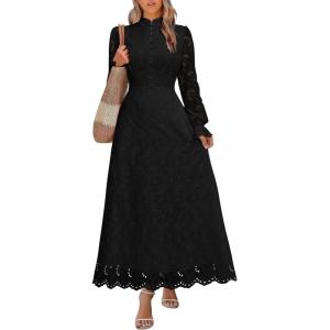 imageANRABESS Wedding Guest Dresses for Women 2025 Fall Formal Long Sleeve Eyelet High Neck Elegant Classic Maxi Dress PocketsBlack