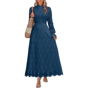 imageANRABESS Wedding Guest Dresses for Women 2025 Fall Formal Long Sleeve Eyelet High Neck Elegant Classic Maxi Dress PocketsDeep Blue
