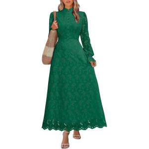 imageANRABESS Wedding Guest Dresses for Women 2025 Fall Formal Long Sleeve Eyelet High Neck Elegant Classic Maxi Dress PocketsForest Green