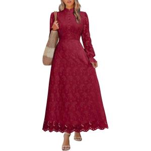 imageANRABESS Wedding Guest Dresses for Women 2025 Fall Formal Long Sleeve Eyelet High Neck Elegant Classic Maxi Dress PocketsRed