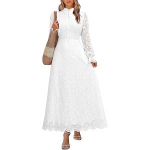 imageANRABESS Wedding Guest Dresses for Women 2025 Fall Formal Long Sleeve Eyelet High Neck Elegant Classic Maxi Dress PocketsWhite