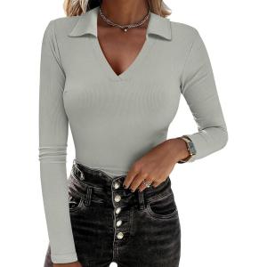imageANRABESS Women Long Sleeve Polo Shirts V Neck Slim Rib Knit Collared Dressy Business Casual Top 2025 Basic Tee Fall OutfitsLight Green