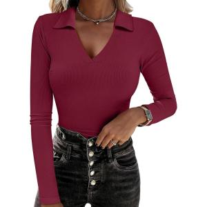 imageANRABESS Women Long Sleeve Polo Shirts V Neck Slim Rib Knit Collared Dressy Business Casual Top 2025 Basic Tee Fall OutfitsWine Red
