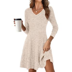 imageANRABESS Women Long Sleeve Ribbed Knit Short Dresses 2025 Fall Winter V Neck Casual Swing A Line Sweater DressBeige