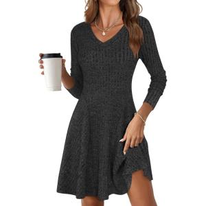 imageANRABESS Women Long Sleeve Ribbed Knit Short Dresses 2025 Fall Winter V Neck Casual Swing A Line Sweater DressBlack