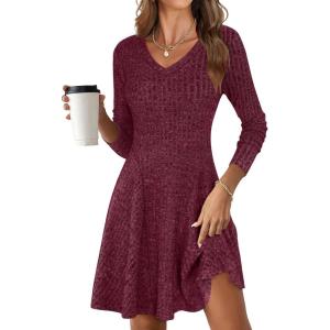 imageANRABESS Women Long Sleeve Ribbed Knit Short Dresses 2025 Fall Winter V Neck Casual Swing A Line Sweater DressBurgundy