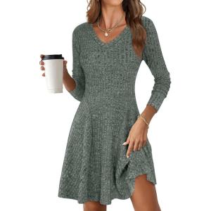 imageANRABESS Women Long Sleeve Ribbed Knit Short Dresses 2025 Fall Winter V Neck Casual Swing A Line Sweater DressGreen