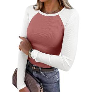 imageANRABESS Women Long Sleeve Shirts Ribbed Knit Slim Fitted Tops Casual Basic Tight Tee TShirts 2025 Fall Underscrubs LayerCoral White