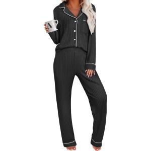 imageANRABESS Women Pajama Lounge Sets 2025 Fall 2 Piece Outfits Ribbed Long Sleeve Matching PJ Set Sleepwear LoungewearBlack