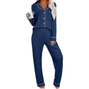 imageANRABESS Women Pajama Lounge Sets 2025 Fall 2 Piece Outfits Ribbed Long Sleeve Matching PJ Set Sleepwear LoungewearDeep Blue