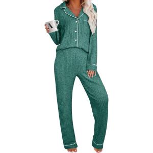 imageANRABESS Women Pajama Lounge Sets 2025 Fall 2 Piece Outfits Ribbed Long Sleeve Matching PJ Set Sleepwear LoungewearDeep Green