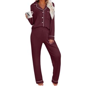 imageANRABESS Women Pajama Lounge Sets 2025 Fall 2 Piece Outfits Ribbed Long Sleeve Matching PJ Set Sleepwear LoungewearDeep Red