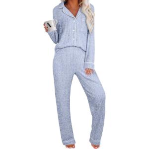 imageANRABESS Women Pajama Lounge Sets 2025 Fall 2 Piece Outfits Ribbed Long Sleeve Matching PJ Set Sleepwear LoungewearLight Blue
