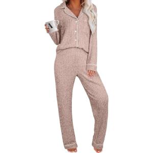 imageANRABESS Women Pajama Lounge Sets 2025 Fall 2 Piece Outfits Ribbed Long Sleeve Matching PJ Set Sleepwear LoungewearLight Brown