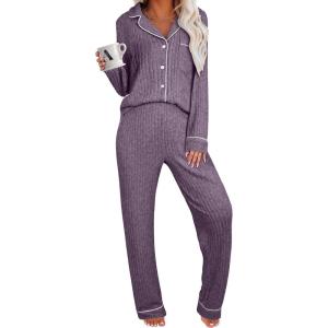 imageANRABESS Women Pajama Lounge Sets 2025 Fall 2 Piece Outfits Ribbed Long Sleeve Matching PJ Set Sleepwear LoungewearPurple