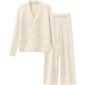 imageANRABESS Women Pajama Lounge Sets Fuzzy Fleece 2 Piece Outfits Long Sleeve Cardigan Wide Leg Pants 2025 Fall Comfy LoungewearBeige