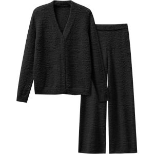 imageANRABESS Women Pajama Lounge Sets Fuzzy Fleece 2 Piece Outfits Long Sleeve Cardigan Wide Leg Pants 2025 Fall Comfy LoungewearBlack
