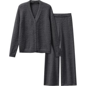 imageANRABESS Women Pajama Lounge Sets Fuzzy Fleece 2 Piece Outfits Long Sleeve Cardigan Wide Leg Pants 2025 Fall Comfy LoungewearDeep Grey