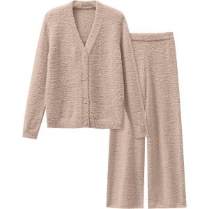 imageANRABESS Women Pajama Lounge Sets Fuzzy Fleece 2 Piece Outfits Long Sleeve Cardigan Wide Leg Pants 2025 Fall Comfy LoungewearLight Khaki