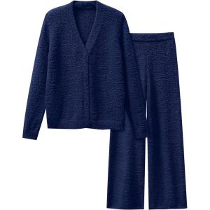 imageANRABESS Women Pajama Lounge Sets Fuzzy Fleece 2 Piece Outfits Long Sleeve Cardigan Wide Leg Pants 2025 Fall Comfy LoungewearNavy Blue