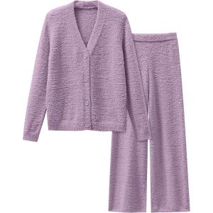 imageANRABESS Women Pajama Lounge Sets Fuzzy Fleece 2 Piece Outfits Long Sleeve Cardigan Wide Leg Pants 2025 Fall Comfy LoungewearPurple