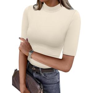 imageANRABESS Women Tops Mock Neck 12 Short Sleeve Slim Fit Basic Tee Shirts Dressy Work Business 2025 Summer Fall Casual OutfitsApricot