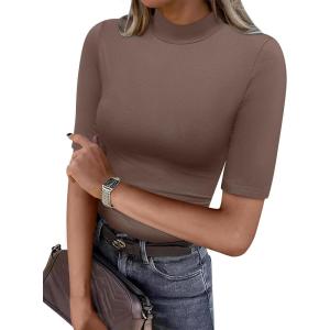 imageANRABESS Women Tops Mock Neck 12 Short Sleeve Slim Fit Basic Tee Shirts Dressy Work Business 2025 Summer Fall Casual OutfitsBrown