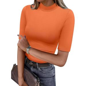 imageANRABESS Women Tops Mock Neck 12 Short Sleeve Slim Fit Basic Tee Shirts Dressy Work Business 2025 Summer Fall Casual OutfitsOrange