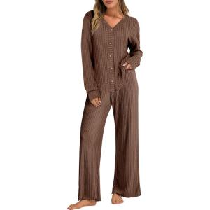 imageANRABESS Womens 2 Piece Lounge Pajama Sets Ribbed Long Sleeve Button Top Matching Pants Sleepwear PJ Set 2025 Fall OutfitsBrown