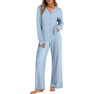 imageANRABESS Womens 2 Piece Lounge Pajama Sets Ribbed Long Sleeve Button Top Matching Pants Sleepwear PJ Set 2025 Fall OutfitsLight Blue