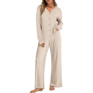 imageANRABESS Womens 2 Piece Lounge Pajama Sets Ribbed Long Sleeve Button Top Matching Pants Sleepwear PJ Set 2025 Fall OutfitsLight Khaki