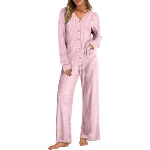 imageANRABESS Womens 2 Piece Lounge Pajama Sets Ribbed Long Sleeve Button Top Matching Pants Sleepwear PJ Set 2025 Fall OutfitsPink Yarrow