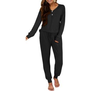 imageANRABESS Womens 2 Piece Outfits Pajama Sets Long Sleeve Henley Tops Sweatpants Matching Lounge Set 2025 Fall Pj SleepwearBlack