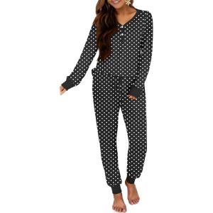 imageANRABESS Womens 2 Piece Outfits Pajama Sets Long Sleeve Henley Tops Sweatpants Matching Lounge Set 2025 Fall Pj SleepwearBlack Spots Floral