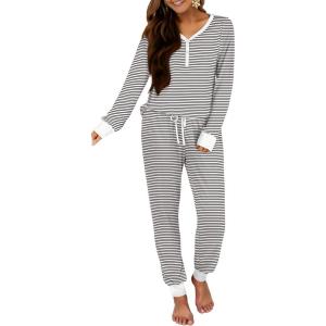 imageANRABESS Womens 2 Piece Outfits Pajama Sets Long Sleeve Henley Tops Sweatpants Matching Lounge Set 2025 Fall Pj SleepwearBlack White Stripe Floral