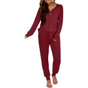 imageANRABESS Womens 2 Piece Outfits Pajama Sets Long Sleeve Henley Tops Sweatpants Matching Lounge Set 2025 Fall Pj SleepwearWine Red