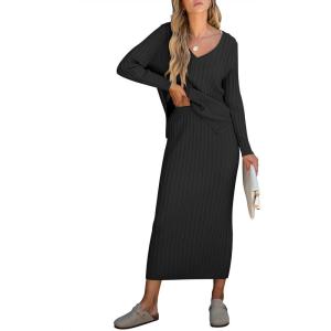 imageANRABESS Womens 2 Piece Outfits Sweater Skirt Sets Casual Long Sleeve V Neck Ribbed Knit Tops Midi Dress 2025 Fall FashionBlack