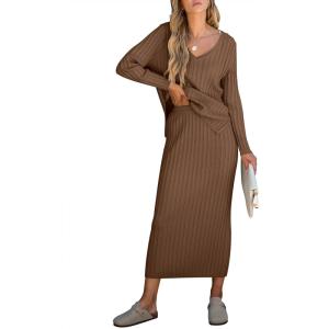 imageANRABESS Womens 2 Piece Outfits Sweater Skirt Sets Casual Long Sleeve V Neck Ribbed Knit Tops Midi Dress 2025 Fall FashionBrown