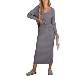 imageANRABESS Womens 2 Piece Outfits Sweater Skirt Sets Casual Long Sleeve V Neck Ribbed Knit Tops Midi Dress 2025 Fall FashionGray Purple