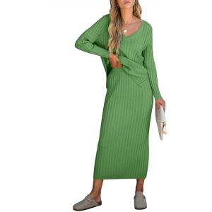 imageANRABESS Womens 2 Piece Outfits Sweater Skirt Sets Casual Long Sleeve V Neck Ribbed Knit Tops Midi Dress 2025 Fall FashionGreen