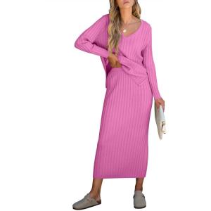 imageANRABESS Womens 2 Piece Outfits Sweater Skirt Sets Casual Long Sleeve V Neck Ribbed Knit Tops Midi Dress 2025 Fall FashionHot Pink