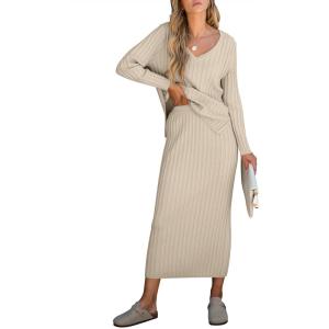 imageANRABESS Womens 2 Piece Outfits Sweater Skirt Sets Casual Long Sleeve V Neck Ribbed Knit Tops Midi Dress 2025 Fall FashionKhaki