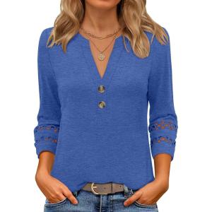 imageANRABESS Womens 34 Length Lace Sleeve Tops Henley V Neck Shirts Dressy Casual Business Blouses 2025 Fall TShirts OutfitsBlue