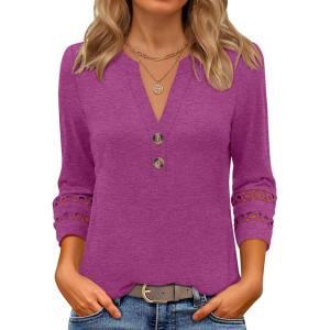 imageANRABESS Womens 34 Length Lace Sleeve Tops Henley V Neck Shirts Dressy Casual Business Blouses 2025 Fall TShirts OutfitsFuchsia